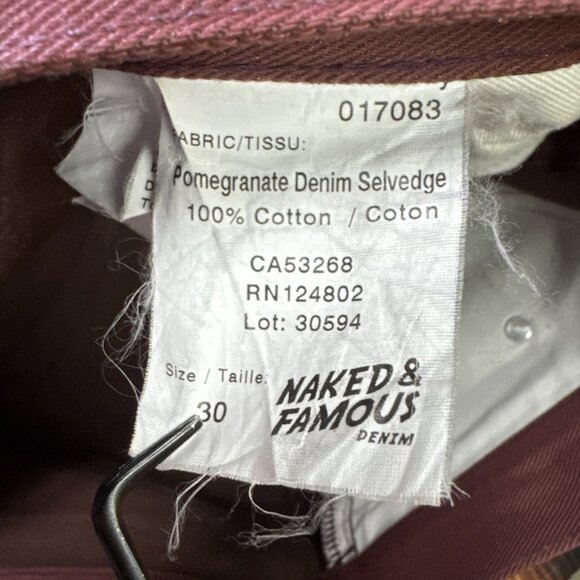 Naked & Famous Selvedge Jeans Mens 29x34 Pomegranate Denim Japanese Selvedge Red - Picture 10 of 13